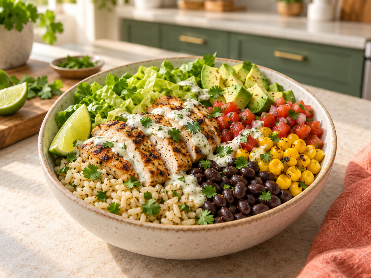 Chicken Burrito Bowl with Lime Yogurt Sauce