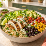 Chicken burrito bowl with brown rice, black beans, corn, avocado, salsa, romaine, and lime yogurt sauce