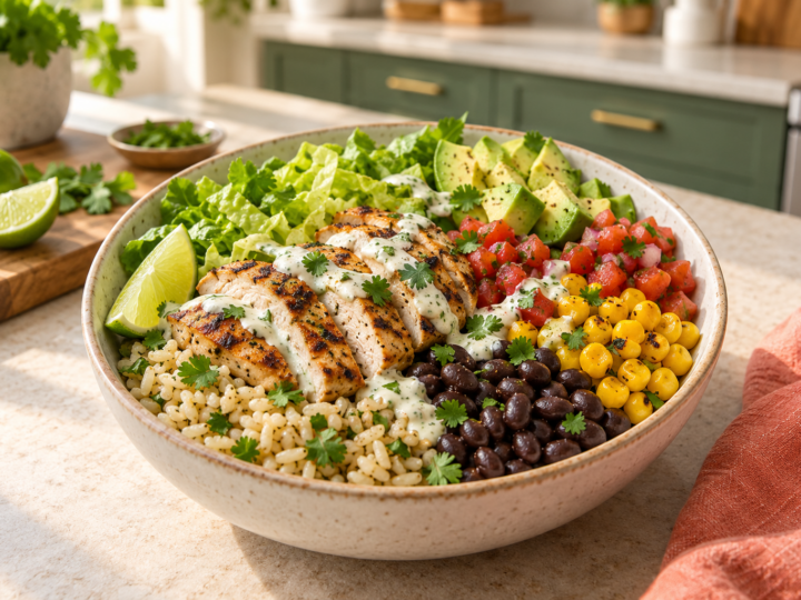 Chicken Burrito Bowl with Lime Yogurt Sauce