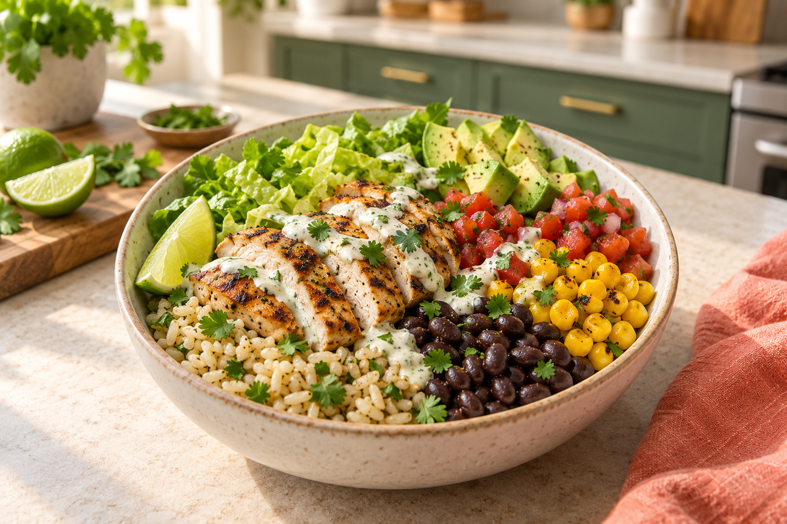 Chicken burrito bowl with brown rice, black beans, corn, avocado, salsa, romaine, and lime yogurt sauce