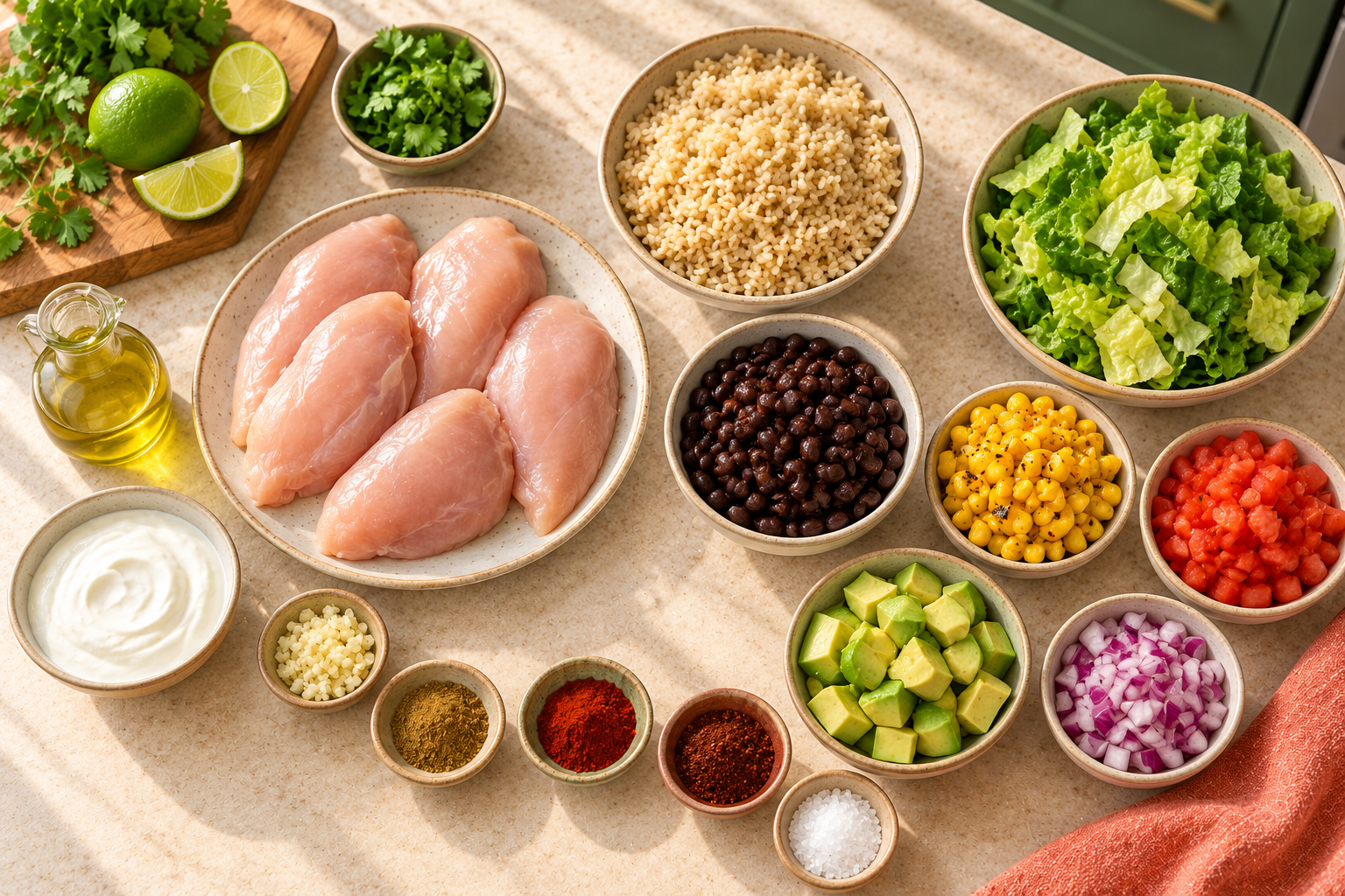 Ingredients for chicken burrito bowls arranged on a cream counter in a green kitchen