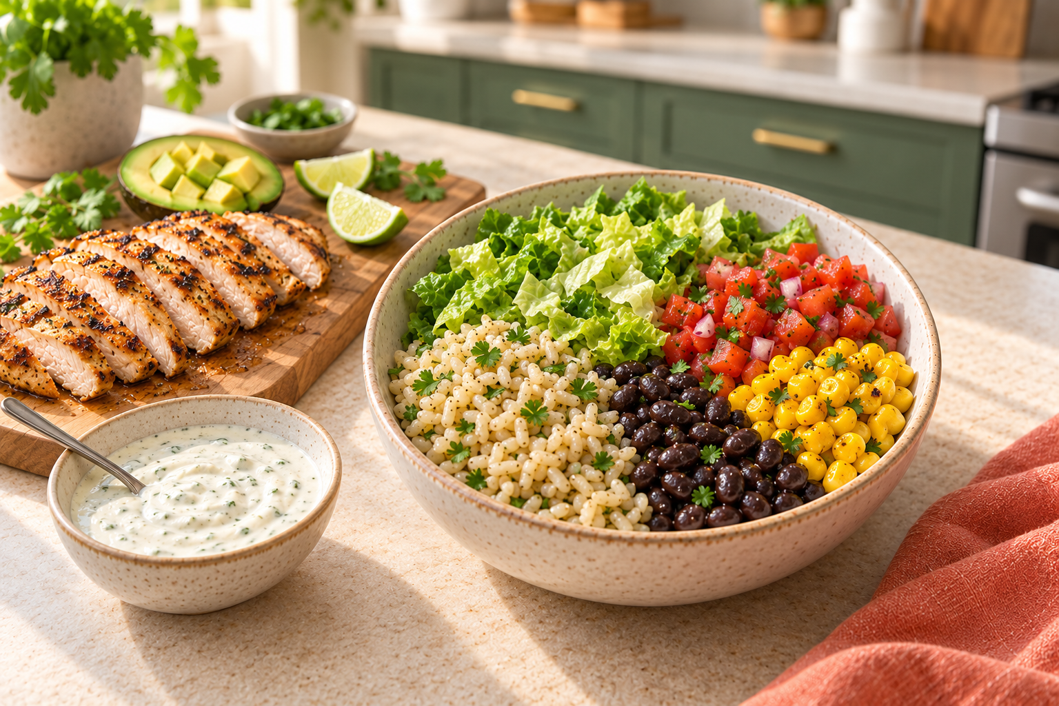 Chicken burrito bowl being assembled beside sliced grilled chicken and lime yogurt sauce